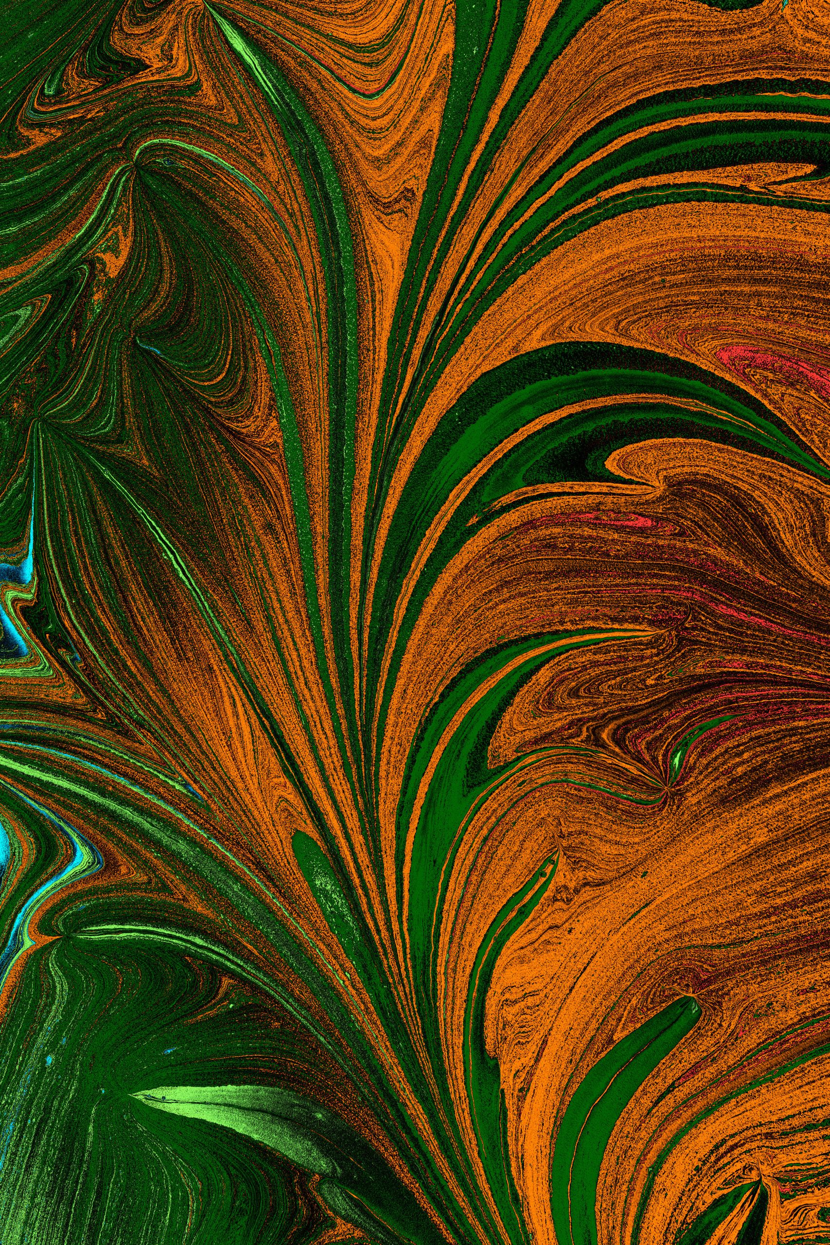 A striking abstract image featuring swirling patterns in vivid green and orange hues, creating a dynamic visual effect.